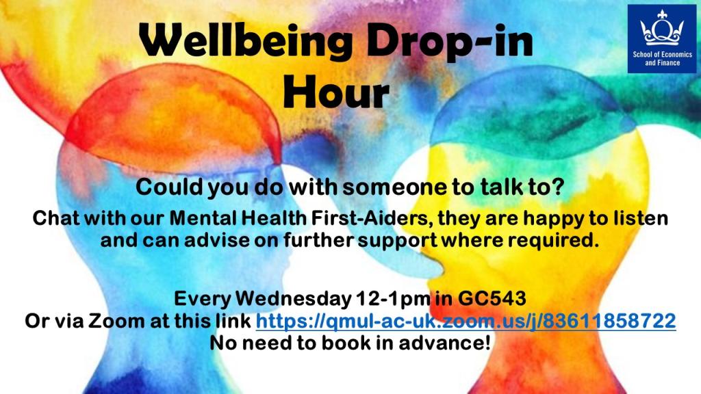 Wellbeing Drop-ins are offered every Wednesdays 12-1pm in GC543 or via this link https://qmul-ac-uk.zoom.us/j/83611858722